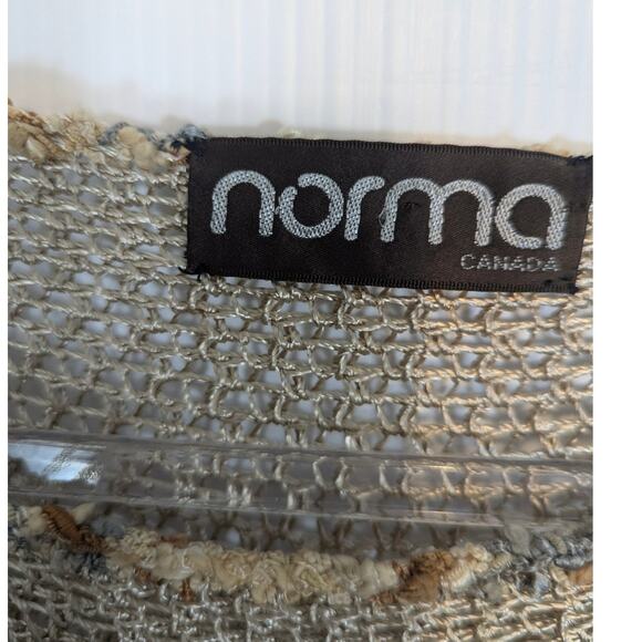 Vintage 80's Norma Canada Crochet & Leather Patch Sweater Sheer Tan SEE Measure - Picture 3 of 11